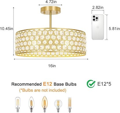 Lxybcce Gold Crystal Ceiling Light Fixture - Modern Semi Flush Mount Ceiling Chandelier Lighting for Kitchen, Dazzling Prism Chandelier for Bedroom, Bathroom, Dining Room, 5 Light, 16 in