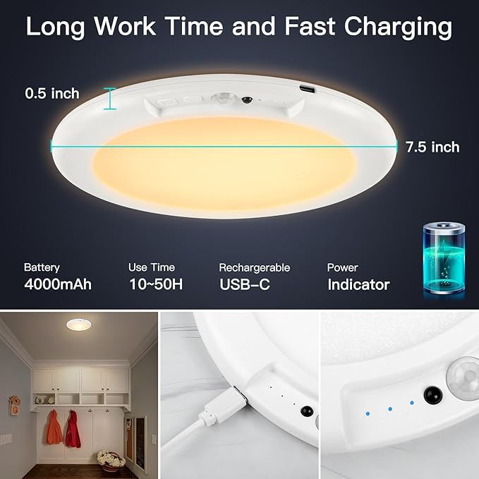Battery Ceiling Light Fixture with Remote &Motion Sensor 2 in 1, Wireless Bathroom Ceiling Light Shower Light Rechargeable,3Lighting&Dimmable, Magnet Mount LED Closet Light for Bedroom Stairs Garage