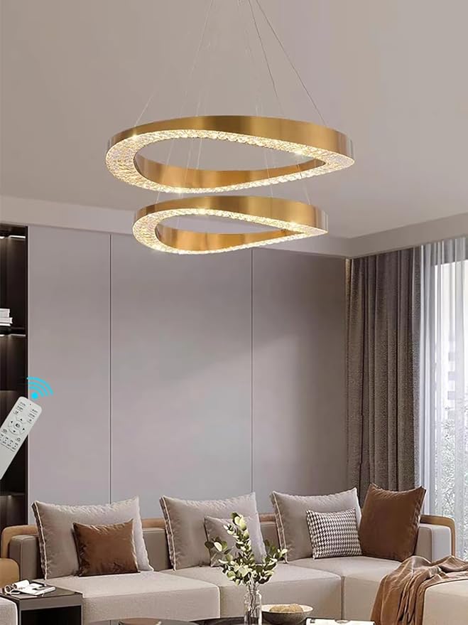 Gold Plated Crystal Chandelier for Living Room 2 Rings D20''+D28'' 120W Modern Gold Ceiling Lights for Dining Room, Hotel Dimmable 2700k 4500k 6000k