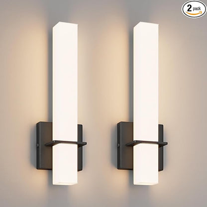15.7inches Modern Led Wall Sconces,18W 3000K 1200Lumen Bathroom Vanity Wall Lights with White Acrylic Lampshade,Indoor Hardwired Wall Lamp for Bedroom Living Room(Black,2-Pack)