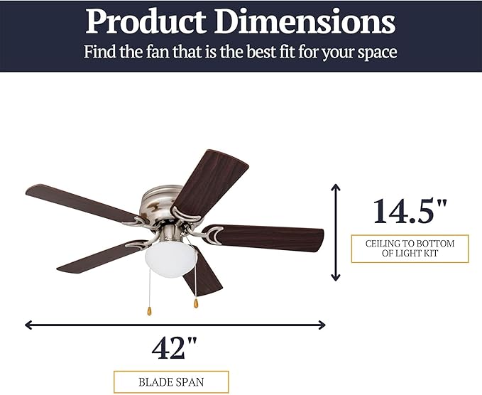 Prominence Home Alvina 42 Inch Traditional Flush Mount Ceiling Fan with Light, Pull Chain, Dual Finish Blades, Reversible Motor, Brushed Nickel