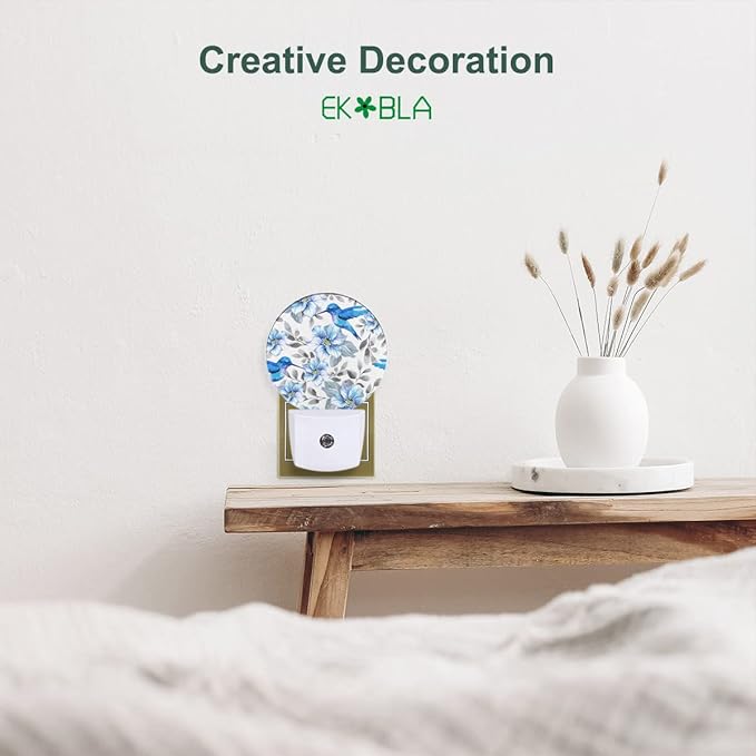 EKOBLA Hummingbird Night Light, Blue Bird Peony Flower Plug into Wall with Dusk to Dawn Light Sensors, Warm Nightlights for Bedroom, Bathroom, Hallway, Kitchen, Gifts for Girls Women
