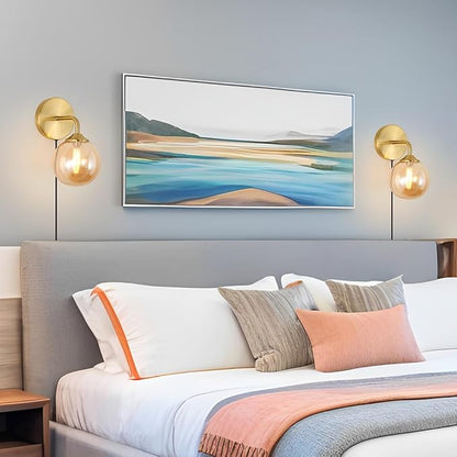 Modern Gold Plug in Wall Light, Wall Light Fixture with Amber Glass Shade, Elegant Brass Sconces Wall Decor Set of 2, Wall Sconce Light with Plug in Cord for Bedroom Hallway Reading
