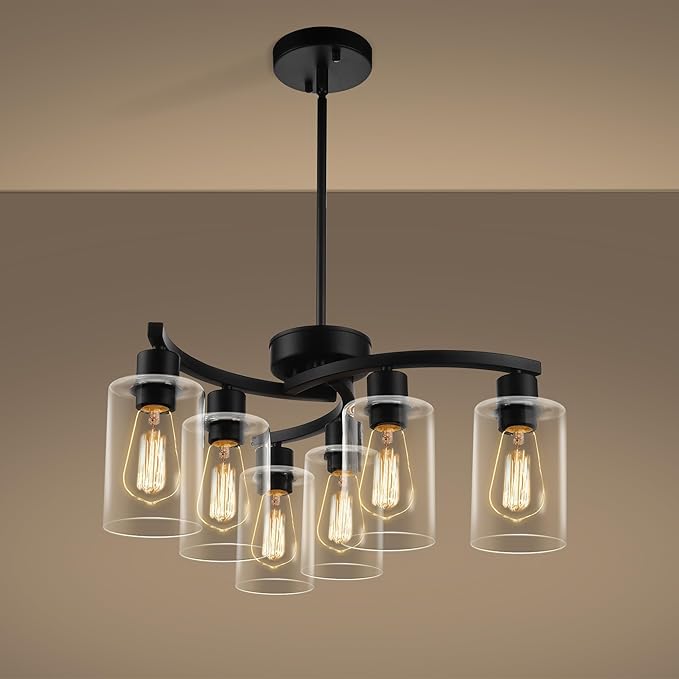 CNRATYE 6-Light Modern Farmhouse Black Chandelier, Contemporary Dining Room Light Fixture, Adjustable Height Hanging Industrial Pendant Lights Kitchen Island, Clear Glass Shade