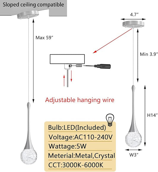 Modern Pendant Lights for Kitchen Island LED Dimmable Crystal Glam Ceiling Pendant Lighting for Dining Room Hallway Bedroom Corner Lamp Brushed Nickel