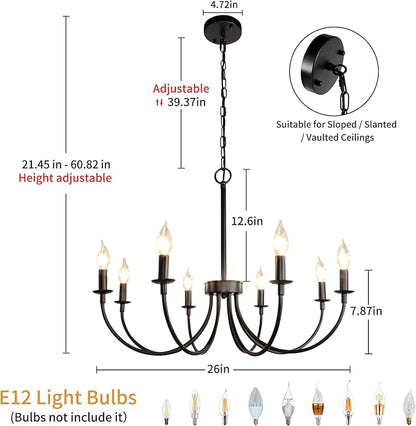 Black Farmhouse Chandeliers, 8 Light Rustic Iron Chandeliers, Classic Candle Ceiling Hanging Pendant Light Fixture for Living Room, Kitchen Island, Foyer, Dining Room Lighting Fixtures