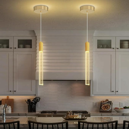 Modern Gold Crystal Column Pendant Light, Dimmable LED Chandelier, Adjustable Hanging Pendant Lighting for Kitchen Island