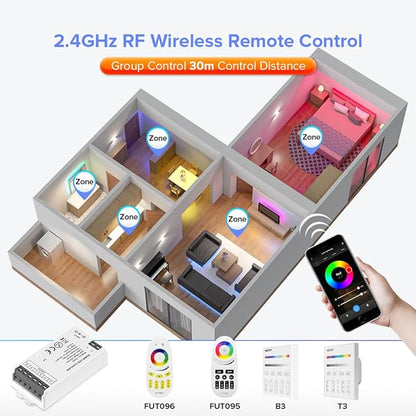 BTF-LIGHTING C04RF Tuya Controller Support PWM 5050SMD FCOB COB RGBW (+ R G B W) 5pin LED Strip Support with WR02RF RC03RFB RF Remote DC5V/DC12V/DC24V Max 12A Indoor Use Only(NO Remote NO Power)
