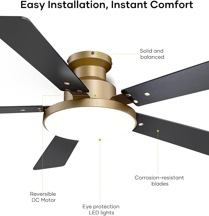 52 Inch Low Profile Gold Ceiling Fan with Lights, Modern Black and Gold Ceiling Fans with Remote/APP for Indoor Bedroom, Flush Mount, 12.2'' Large 3CCT LED Light Panel, 6-Speed Quiet DC Motor