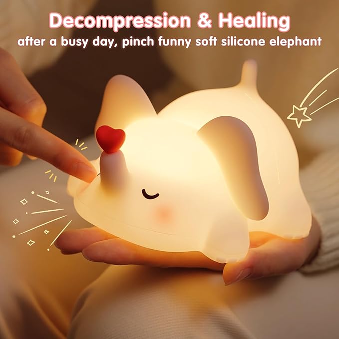 YR YRHH-PET Sweet Heart Elephant Night Light, LED Squishy Novelty Animal Cute Lamp, Food Grade Silicone Nightlight, Dimmable Light Up Elephant Decor for Room College, Boys Girls White Elephant Gifts