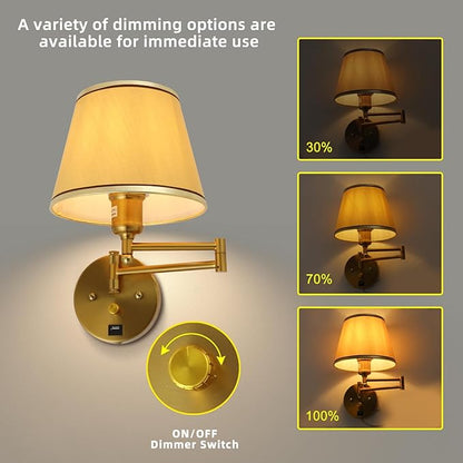 Plug-in Wall Sconce Swing Arm 1-Light Wall Mount Lamp with USB Charging Port Wall Sconce Lighting with Dimmable On Off Switch Gold Fabric Shade Brass Wall Lamp Light Fixture