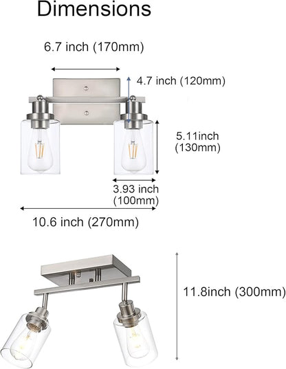 2 Light Track Lighting Kit Brushed Nickel Kitchen Track Lighting Fixtures Ceiling Mount Bathroom Vanity Wall Scones Light Fixture with Clear Glass, Rotatable Spotlight for Kitchen Shop Hallway