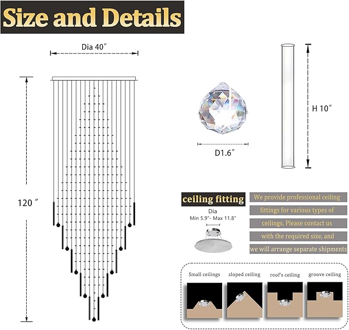 D40''X H120'' Extra Large Chandeliers for High Ceilings Crystal Raindrop Chandeliers Large Villa Chandelier Entrance Foyer Square Ceiling Light LED Dimmable 2700K-6000K 16 led bulbs include
