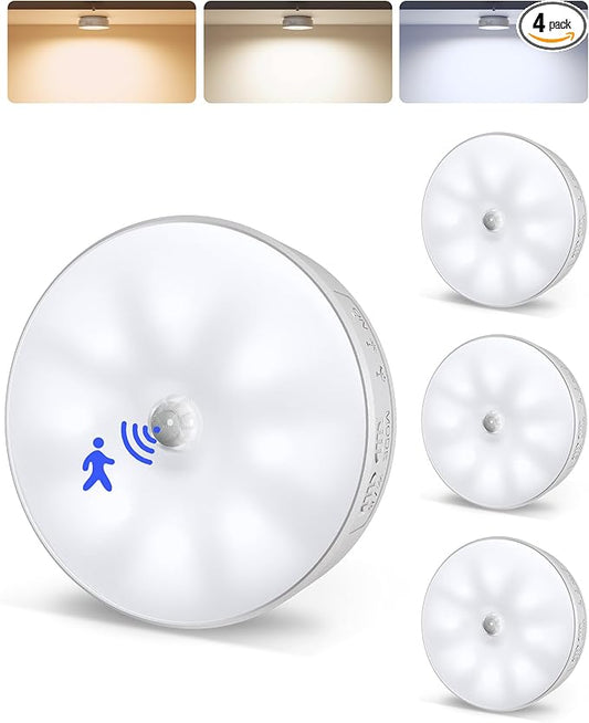 EZVALO 4 Pack Motion Sensor Closet Lights, 1200mAh USB-C Rechargeable LED Puck Lights, Under Cabinet Lights, Night Lights, Dimmable, 3 Color Temps, Magnetic, Stick-On for Closet, Stairs, Cabinets