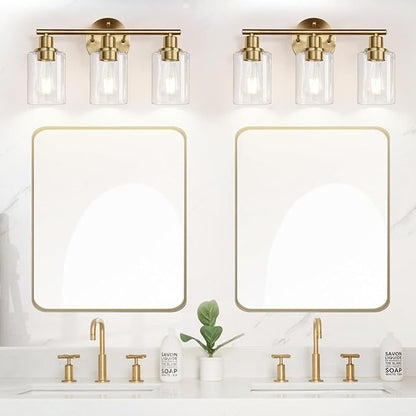 Zarbitta 3-Light Bathroom Light Fixtures, Brushed Brass Bathroom Wall Lights with Clear Glass Shade, Modern Bathroom Wall Lamp for Mirror Kitchen Living Room Hallway Cabinet