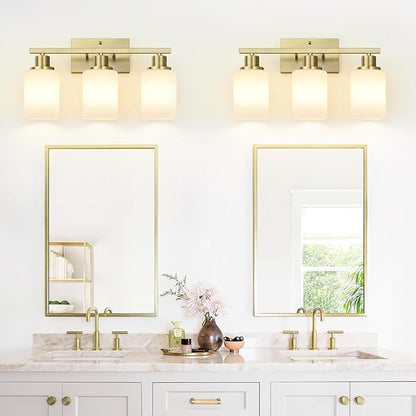 MOKATNG 3-Light Bathroom Light Fixtures, Aged Brass Vanity Light with Milky White Shades, Bathroom Lighting Fixtures Over Mirror, Modern Bathroom Wall Lamp for Mirror Living Room Cabinet Bedroom