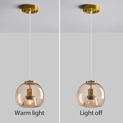 Light Coffee Glass Pendant Lights Kitchen Island Gold Hanging Light Fixture Glass Globe Pendant Light Modern Pendant Lighting for Kitchen Island Bedroom Dining Room (7.87", 3 Pack)