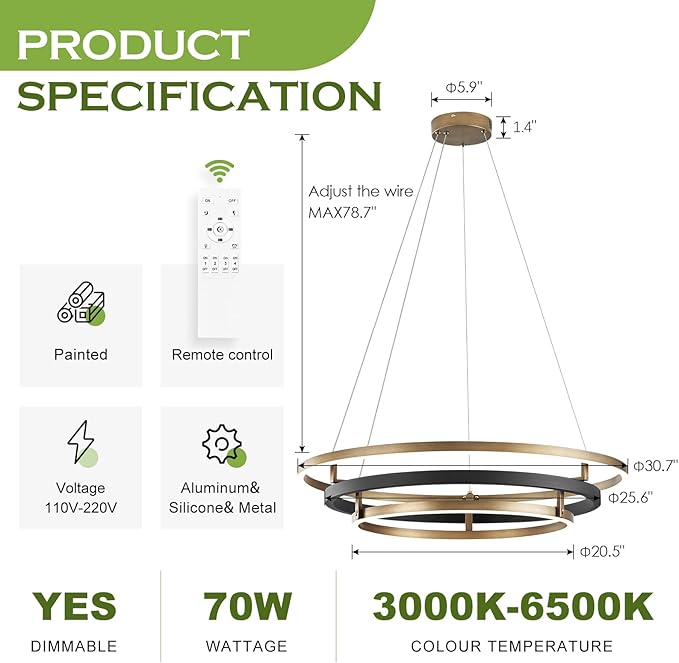 Benkut 3 Rings Modern LED Chandelier Black Gold Dimmable Circular Pendant Light for Dining Room, Foyer Chandelier with Remote Control Flush Mount High Ceiling Light for Kitchen Living Room, D30.7In