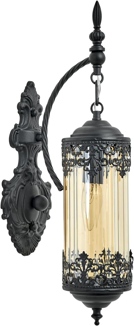 Vintage Wall Sconce with Amber Glass Shade, Rustic Black Farmhouse Wall Light Fixture, Antique Gothic Decorative Metal Wall Lamp for Hallway, Bedroom, Living Room, Entryway