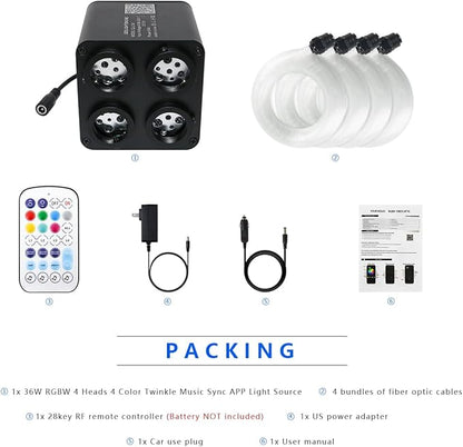 AKEPO 36W 4 Color Twinkle Fiber Optic Starlights Headliner Lights Kit, Optical Fibers Music Sync Bluetooth APP Control Starlight Kit, 1000pcs*13.1ft