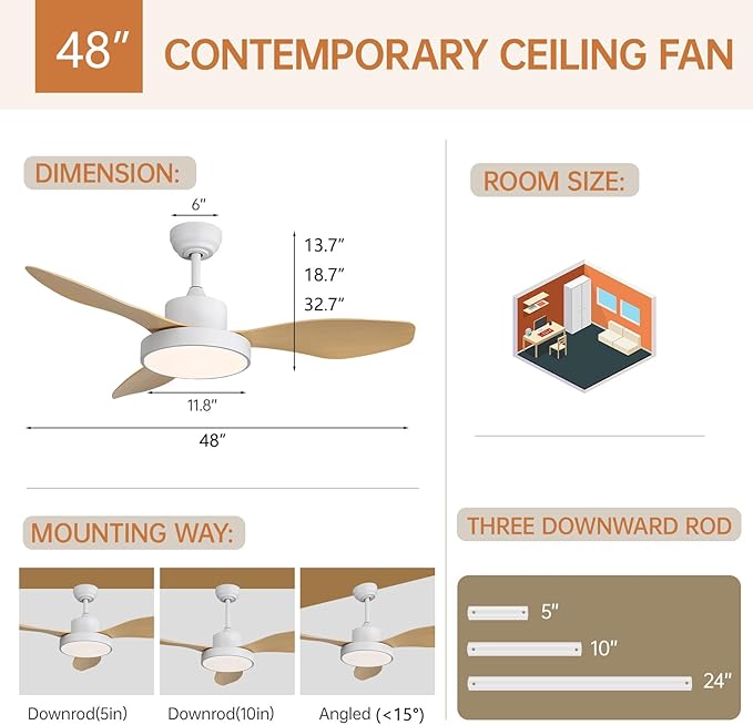 Sofucor 48 Inch Ceiling Fan with Lights and Remote Control Flush Mount Modern Outdoor Ceiling Fans with Large Panel Light, 3 CCT Dimmable, Quiet DC Motor &Timer for Bedroom Patio Indoor Natural Wood