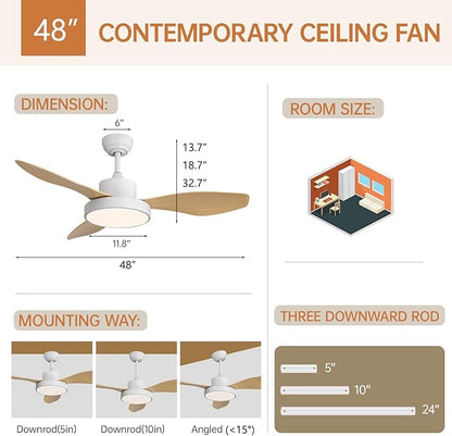 Sofucor 48 Inch Ceiling Fan with Lights and Remote Control Flush Mount Modern Outdoor Ceiling Fans with Large Panel Light, 3 CCT Dimmable, Quiet DC Motor &Timer for Bedroom Patio Indoor Natural Wood