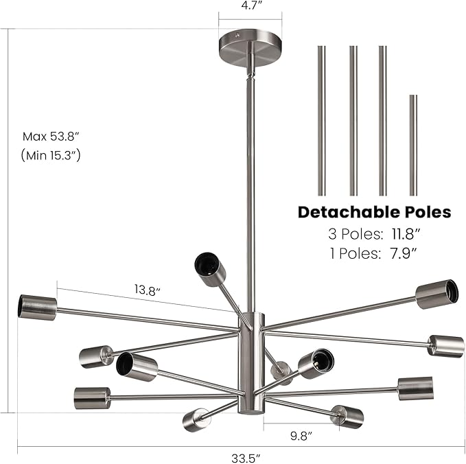 RUIYEY Modern Sputnik Chandeliers Light, 12 Lights Brushed Nickel Dining Room Chandelier Over Table, Height Adjustable Industrial Semi Flush Mount Mid Century Chandelier for Kitchen Island Living Room