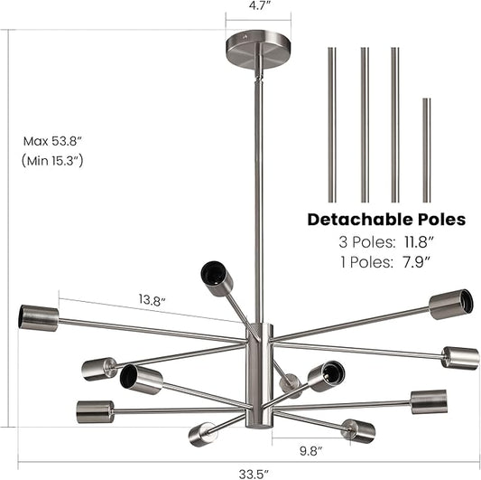 RUIYEY Modern Sputnik Chandeliers Light, 12 Lights Brushed Nickel Dining Room Chandelier Over Table, Height Adjustable Industrial Semi Flush Mount Mid Century Chandelier for Kitchen Island Living Room