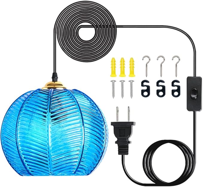 Plug in Glass Pendant Light Mid-Century Modern Striped Glass Hanging Ceiling Lighting Fixture with 14.7FT Cord, Globe Decor Chandelier for Living Room, Bedroom, Dining Hall, Kitchen (Blue)