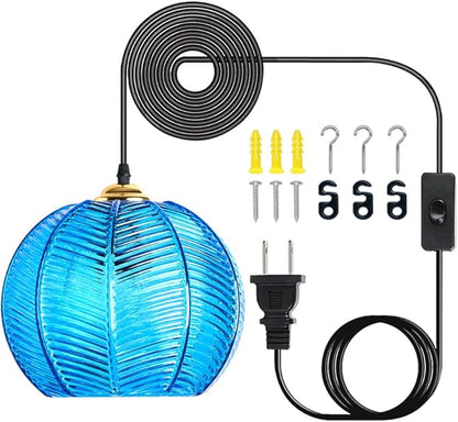 Plug in Glass Pendant Light Mid-Century Modern Striped Glass Hanging Ceiling Lighting Fixture with 14.7FT Cord, Globe Decor Chandelier for Living Room, Bedroom, Dining Hall, Kitchen (Blue)