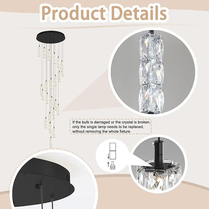 ykolupty Modern Crystal Chandelier 24-Lights Black Chandelier Lighting Fixture High Ceiling Chandelier Suitable for Living Room Staircase Villa