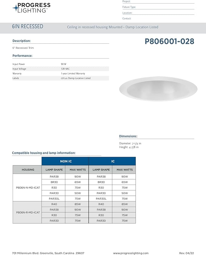 Progress Lighting P806001-028 6" Recessed Open Trim Satin White for Progress Lighting 6" Housing (P806N Series)