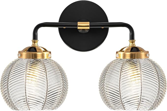 Black Bathroom Vanity Light Fixture Kitchen Sink Sconce Lighting fixtures Over Mirror with 2 Globe Shade Clear Wall Light Modern Ribbed Glass Wall Sconces for Bedroom Living Room