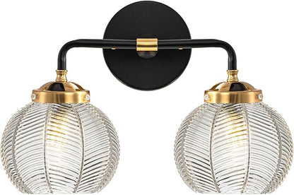 Black Bathroom Vanity Light Fixture Kitchen Sink Sconce Lighting fixtures Over Mirror with 2 Globe Shade Clear Wall Light Modern Ribbed Glass Wall Sconces for Bedroom Living Room