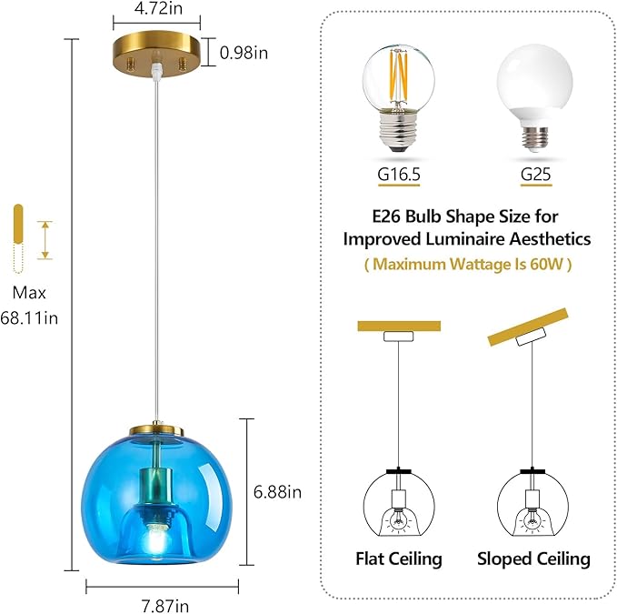Light Blue Glass Pendant Lights Kitchen Island Gold Hanging Light Fixture Glass Globe Pendant Light Modern Pendant Lighting for Kitchen Island Bedroom Dining Room (7.87", B Style-3 Pack)