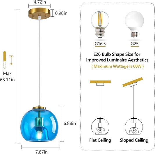 Blue Glass Pendant Lights Kitchen Island Gold Hanging Light Fixture Glass Globe Pendant Light Modern Pendant Lighting for Kitchen Island Bedroom Dining Room (7.87", 3 Pack)