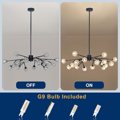 Depuley Modern Black Sputnik Chandelier: 18-Light Large Crystal Glass Chandelier for Living Room - Kitchen Island Light Fixture Mid Century Hanging Lamp for Dining Room (Included G9 Bulbs)