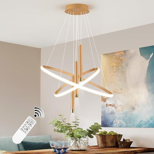 ORANOOR LED Gold Modern Chandeliers for Dining Room Bedrooms Living Room, Dimmable 24in 5250lm Kitchen Pendant Lamp Dining Room Light Fixtures Ceiling Hanging Over Table, 2 Ring Round Chandeliers