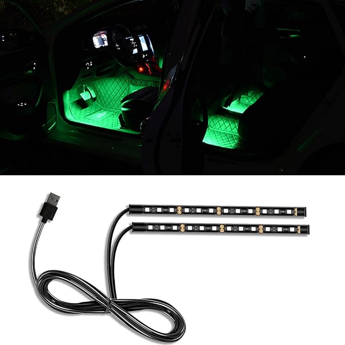 Car LED Strip Light, 24 LED RGB Auto Under Dash Interior Atmosphere Lights, 12V Ambient Night Light, Auto Interior Decorative Lamp, Universal Car Accessories (Green, USB Port)