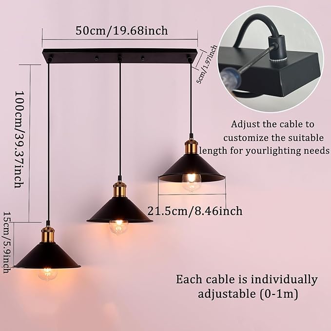 FIRVRE 3-Light Industrial Pendant Light Fixture, Adjustable Metal Hanging Lamp, Vintage Pendant Lighting for Kitchen,Restaurant,Dining Room,Cafe(Bulb Not Included)