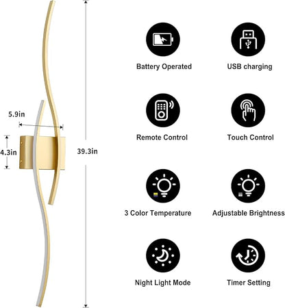 KARTOOSH Battery Operated Wall Sconces with Remote Control, Dimmable/3 Colors/Night-Light/Timer/Memory, Gold Modern Wireless LED Sconce for Living Room, Hallway, Bedroom, 39.3 Inch (1 Pack)