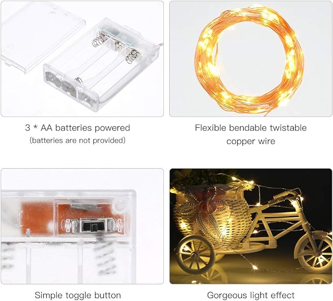 Ariceleo Led Fairy Lights Battery Operated, 2 Packs Mini Battery Powered Copper Wire Starry Fairy Lights for Bedroom, Christmas, Parties, Wedding, Centerpiece, Decoration (5m/16ft Warm White)