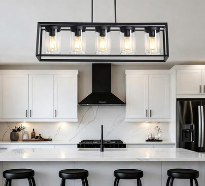 Modern 5-Light Black Rectangular Farmhouse Chandeliers, Linear Dining Room Light Fixture with Clear Glass Shades, Kitchen Island Lighting Fixtures over Table Ceiling Hanging Pendant Lights