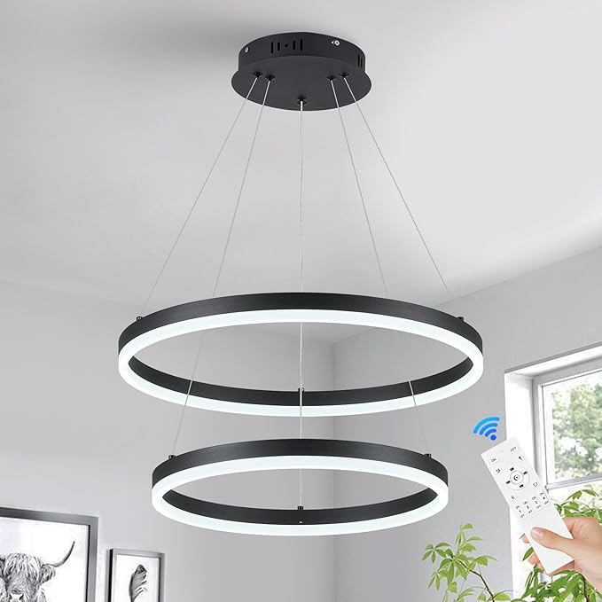 Benkut 2-Rings Modern LED Chandelier Black for Dining Room, Circular Flush Mount Ceiling Chandelier Light Dimmable Pendant Light with Remote Control for Living Room Entrance Foyer, 3000K-6500K