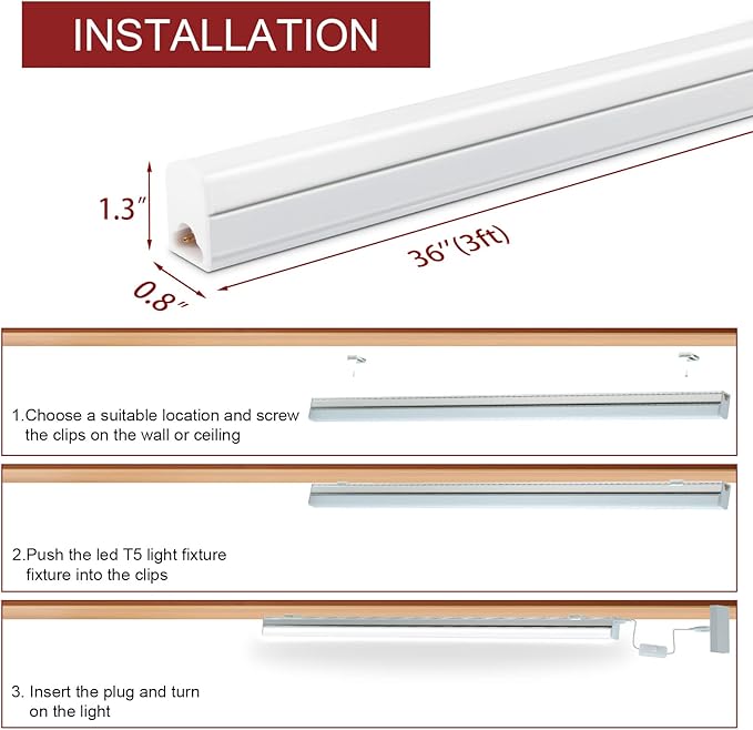 (8 Pack LED T5 3FT Tube Light Fixture, 15W, 1800lm, 6500K, 3 Foot Linkable LED Shop Light Tube, Ceiling, Workshop, Corded Electric with Built-in ON/Off Switch