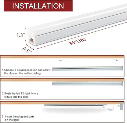(8 Pack LED T5 3FT Tube Light Fixture, 15W, 1800lm, 6500K, 3 Foot Linkable LED Shop Light Tube, Ceiling, Workshop, Corded Electric with Built-in ON/Off Switch