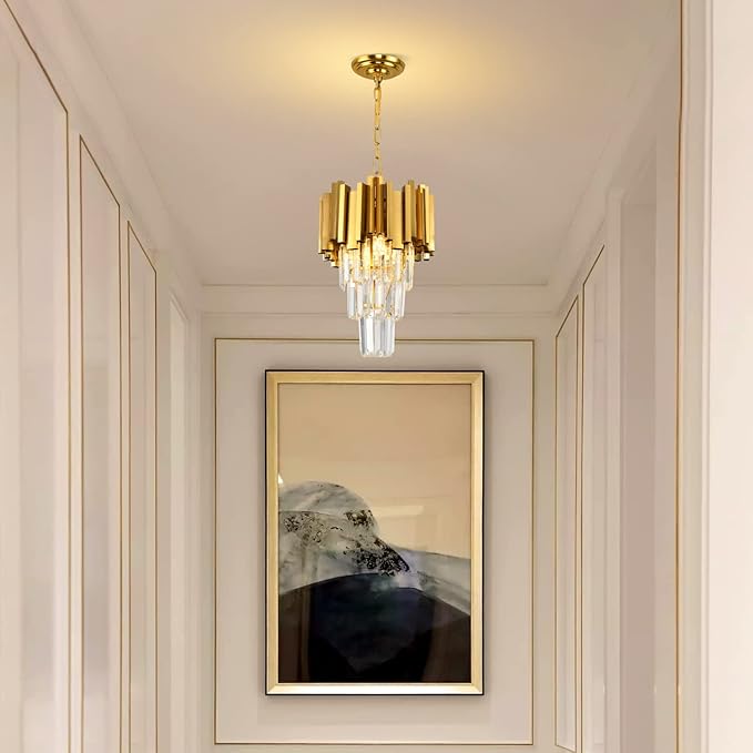 Gold Pendant Light Fixtures Dining Room Chandelier 3-Light Modern Small Crystal Pendant Lights Kitchen Island Kitchen Living Room entryway Bedroom Round Ceiling Hanging Light fixtures 3-Tiers W11.8in