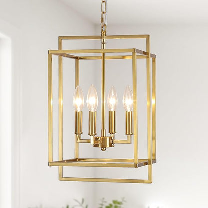 4-Light Gold Lantern Chandelier, Rustic Farmhouse Rectangle Pendant Light, Adjustable Height Modern Dining Room Light Fixture for Kitchen Island Living Room Entryway Foyer 10.8Inch