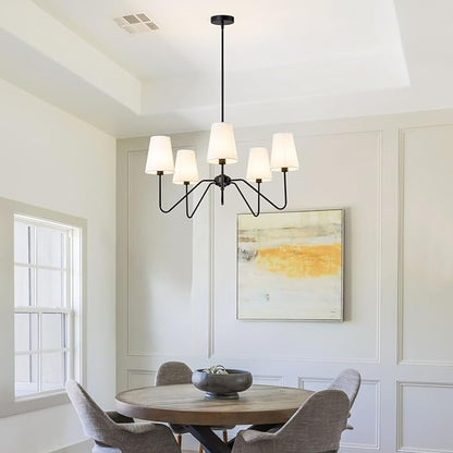 Modern Chandelier for Dining Room, 5-Light Farmhouse Pendat Light Fixture with White Fabric Shade,Black Hanging Light Fixture Over Table Ceiling Chandelier for Bedroom,Living Room,Hallway