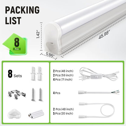 Pak 4FT LED Shop Lights, 2300LM 6500K Cool White, 20W Energy Efficient Linkable Ceiling and Under Cabinet Lighting, T5 Integrated Utility Fixture for Garage, Workshop, Basement, FCC Certified, 8 Pack